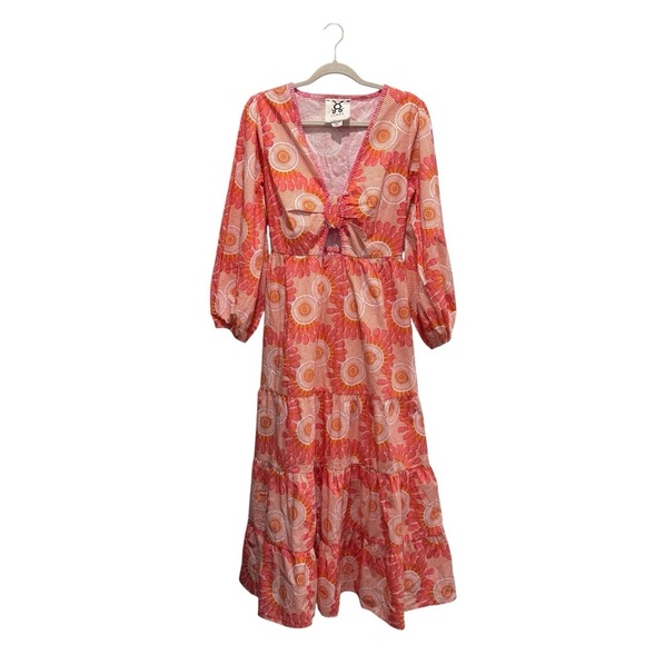 Figue Long Sleeve Cutout Cotton Midi Dress Floral Boho Resort Pink Orange Sz S - Picture 2 of 15